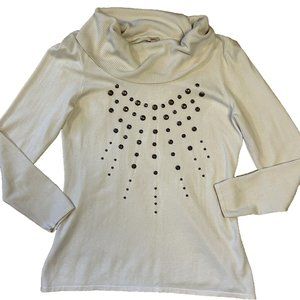 Large Reba Cream Sweater Cowl Collar Brass Studs Long Sleeves Rayon/Nylon Tunic